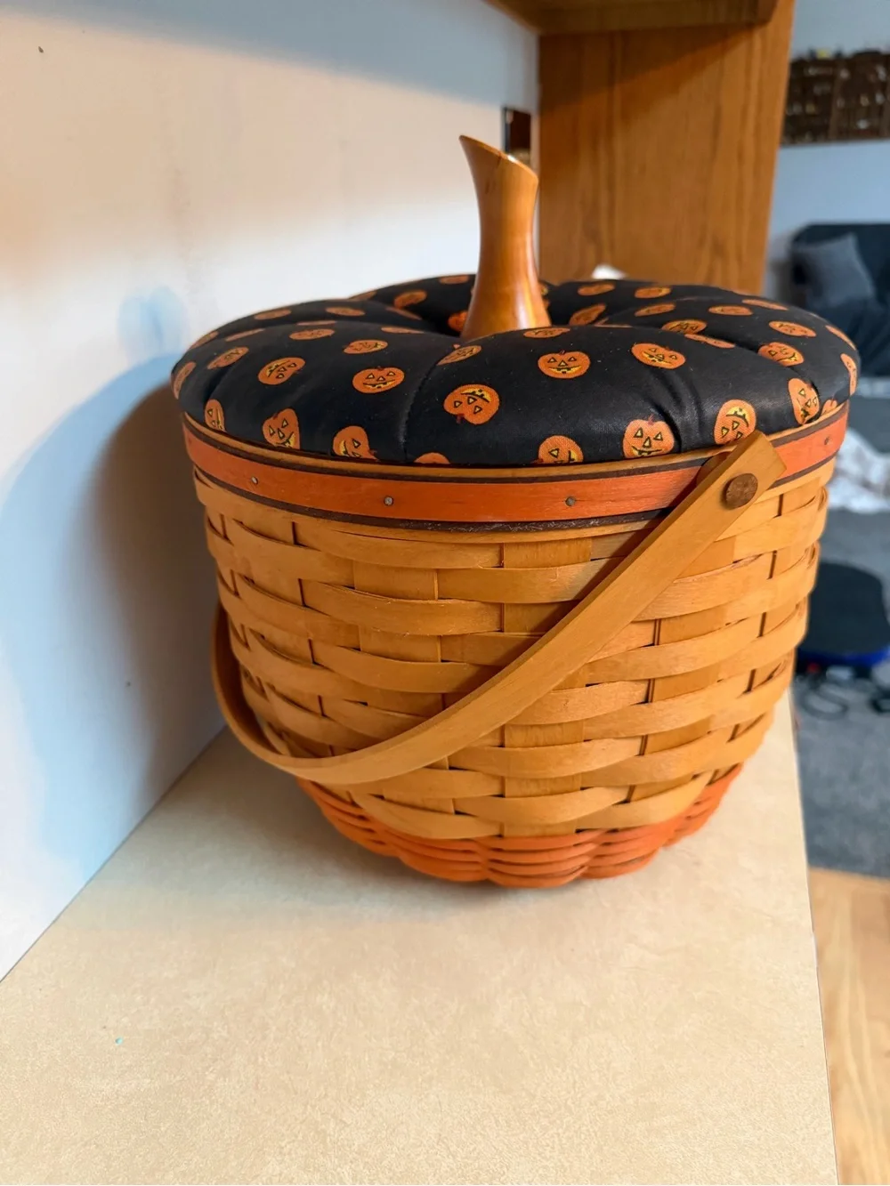 Longaberger 1997 Pumpkin Halloween Basket Jack-O’-Lantern Lid Fabric Top EUC